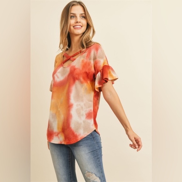 S M XL CRISS CROSS NECK RUFFLE SLEEVE TIE DYE WAFFLE TOP - Picture 2 of 6